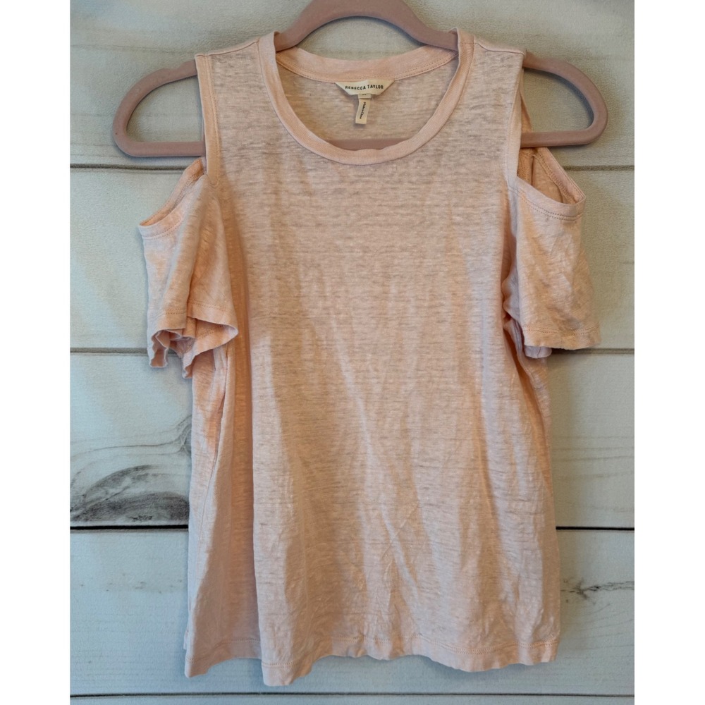 Rebecca Taylor Pink 100% Linen Cold Shoulder Short Sleeve Top Medium 918303B006